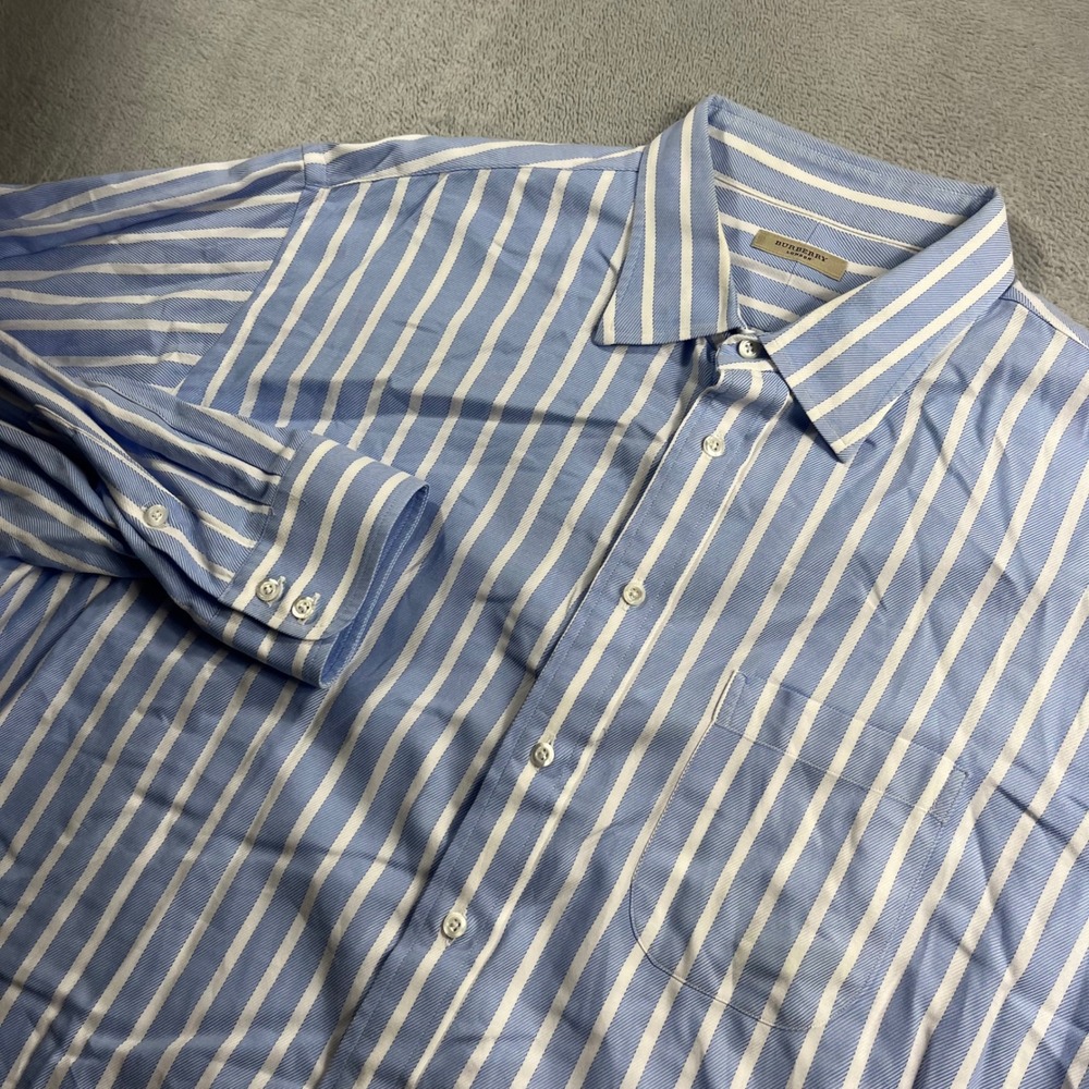 Burberry London Mens Blue White Striped Button Down Shirt Size 18 Made in USA